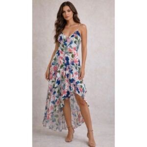 Parker Floral Ruffle Tiered Asymmetrical Maxi Coquette Fairy Maxi V Neck Dress M